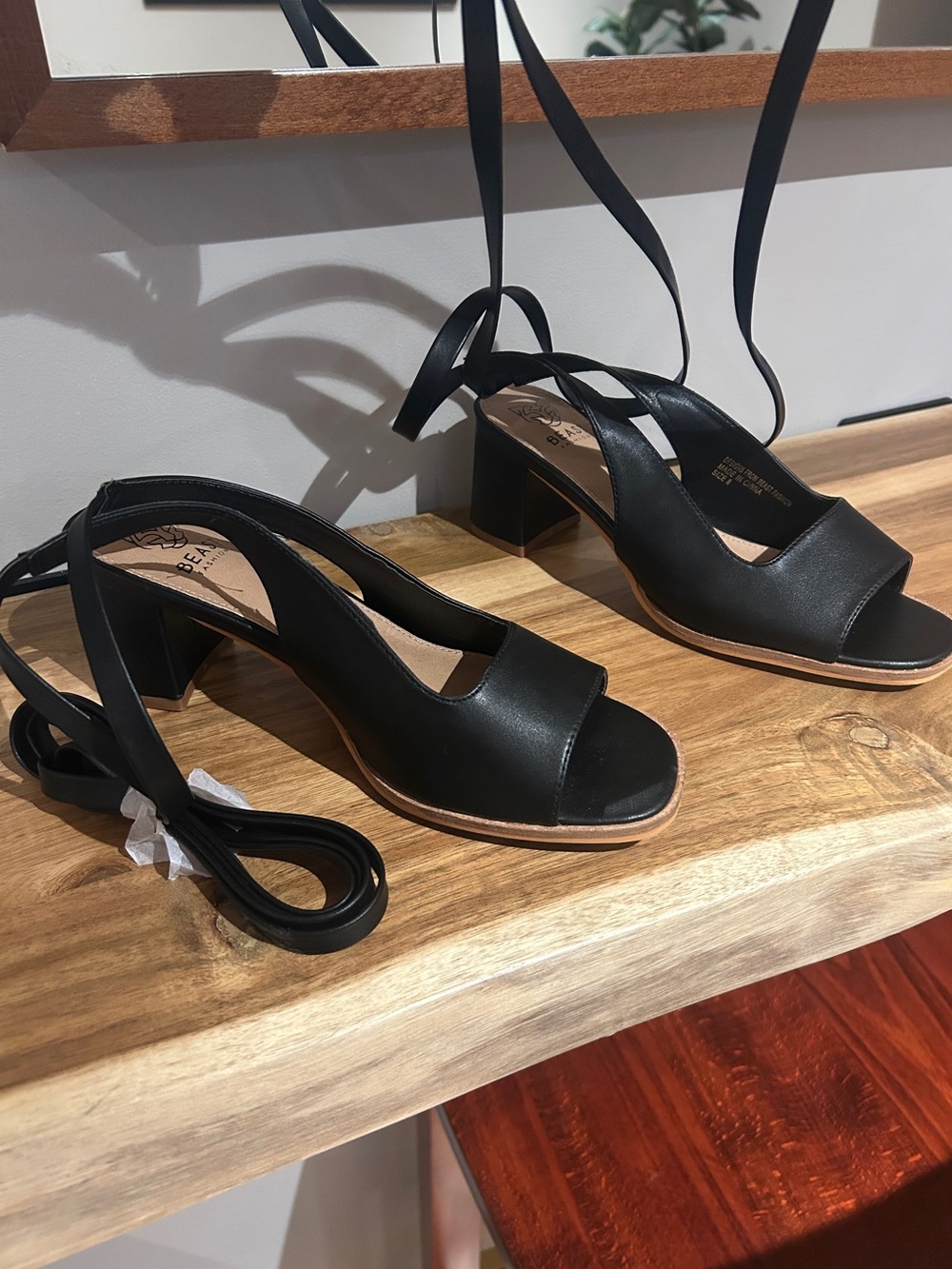 Brand New Black Leather Peep-Toe Block Heel Sandals with Ankle Wraps